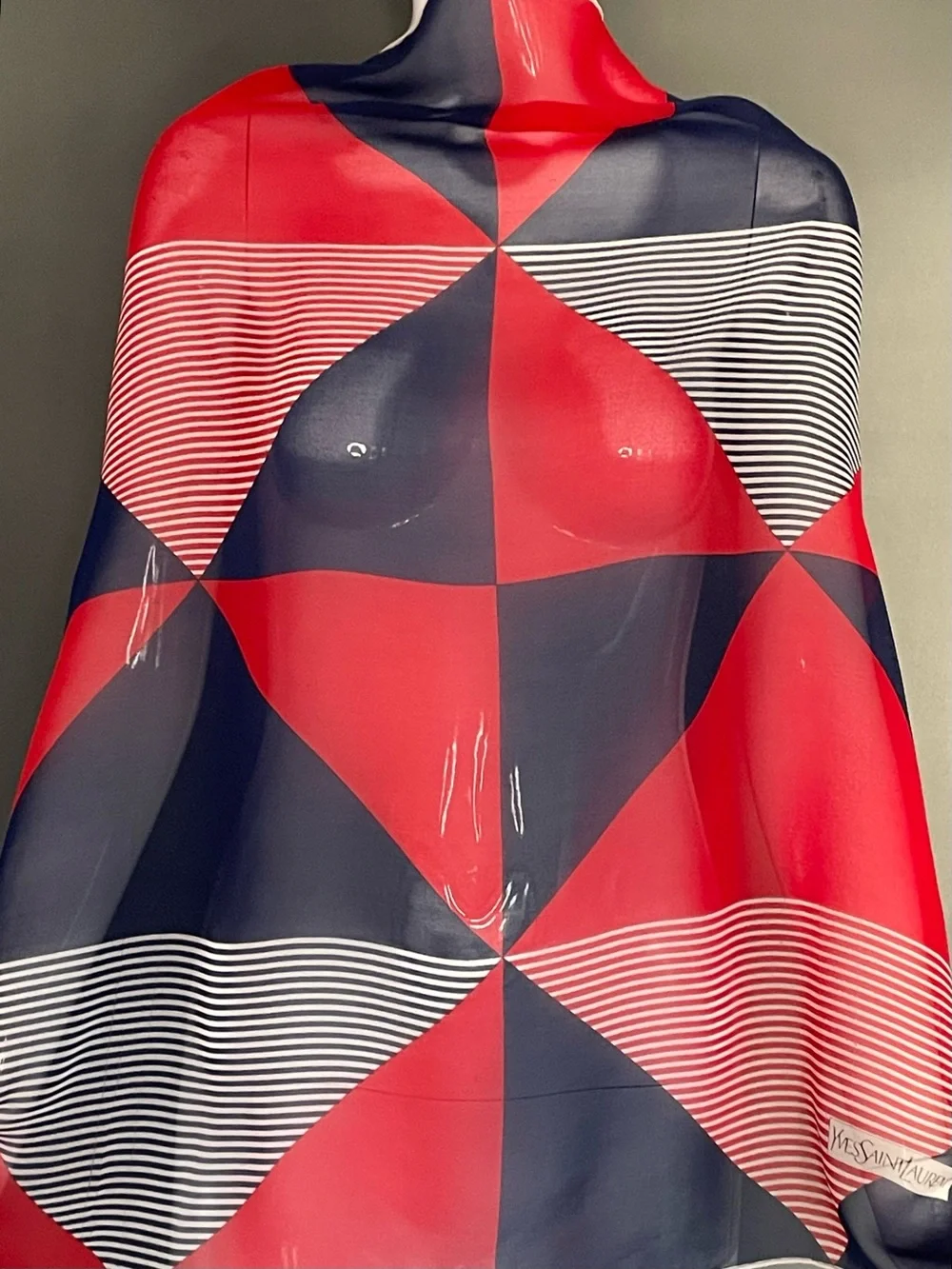 Vintage Yves Saint Laurent Red White Blue Sheer Silk Scarf 30 In Exc Condition